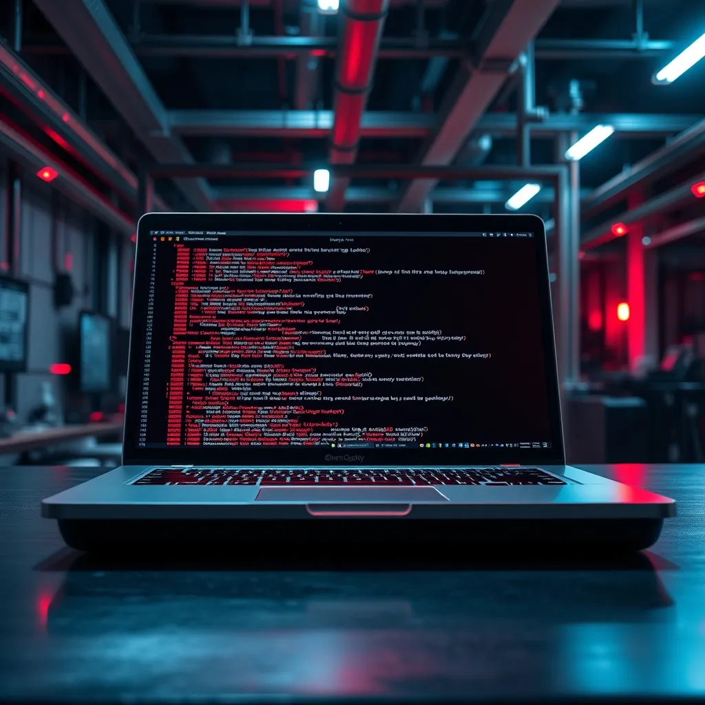 A high-tech workspace with a sleek dark metal laptop showing