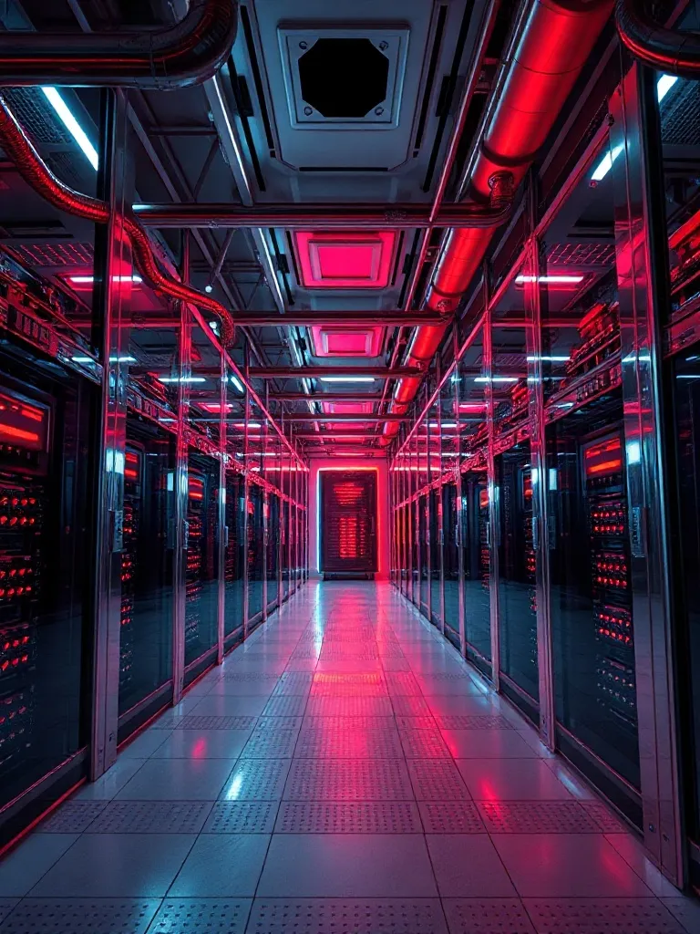 High-tech server room with glowing red lights and chrome met